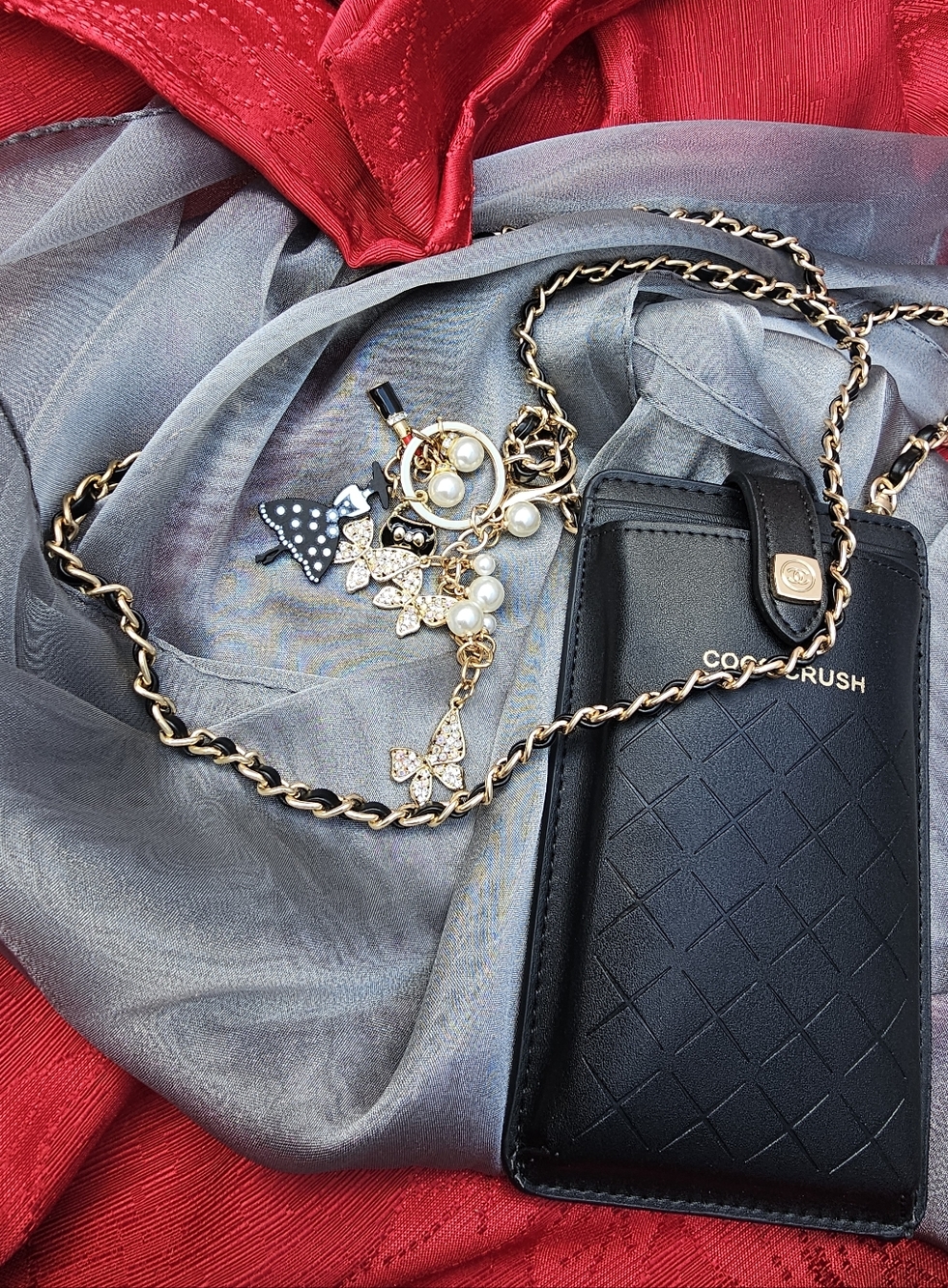 Chanel Coco Crush GWP Black Quilted Phone Holder Crossbody Chain + Charms - Picture 16 of 17